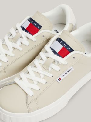 Essential Logo Leather Cupsole Trainers | Beige | Tommy Hilfiger