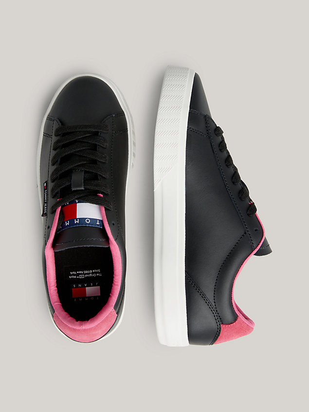 black essential leather contrast cupsole trainers for women tommy jeans