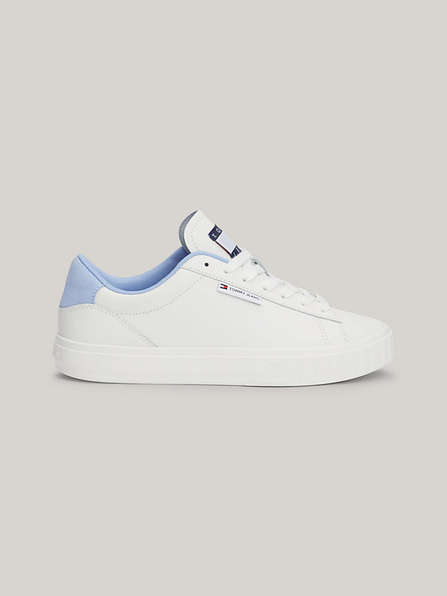 blue essential logo leather cupsole trainers for women tommy jeans