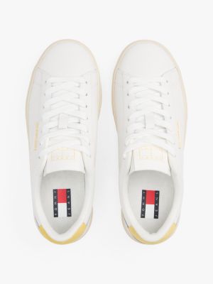 yellow leather contrast panel trainers for women tommy jeans