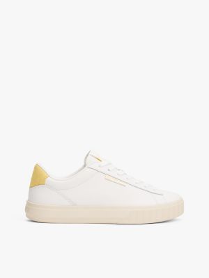 yellow leather contrast panel trainers for women tommy jeans