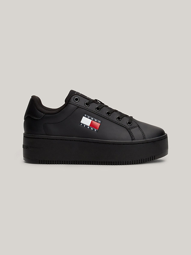 black essential leather fine-cleat flatform trainers for women tommy jeans