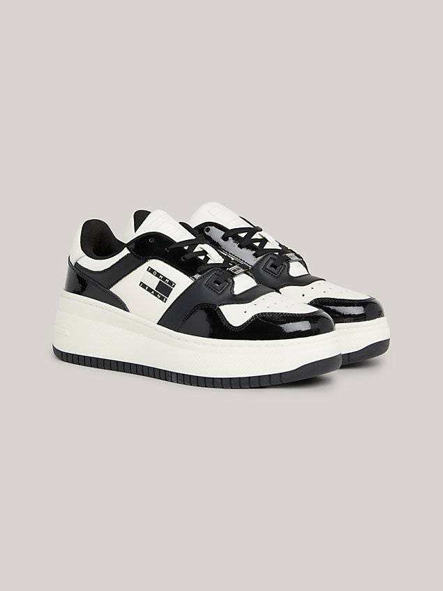 black retro patent leather fine-cleat flatform basketball trainers for women tommy jeans