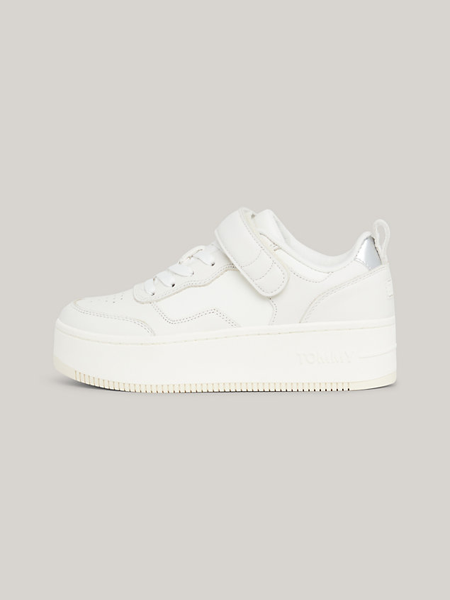 white leather cupsole flatform strap trainers for women tommy jeans