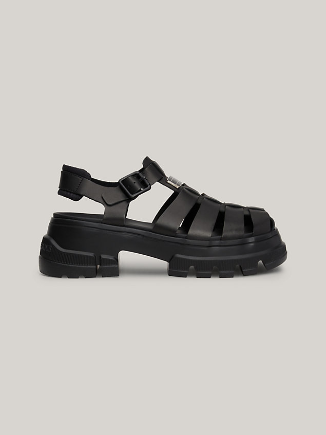 black leather chunky sole fisherman sandals for women tommy jeans