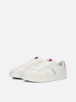 white suede mixed texture court trainers for women tommy jeans