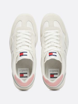 white suede mixed texture court trainers for women tommy jeans