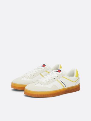 yellow suede mixed texture court trainers for women tommy jeans