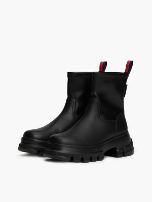 black leather cleat mid boots for women tommy jeans