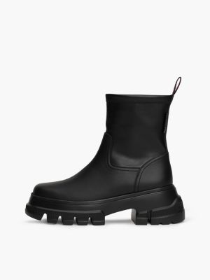 black leather cleat mid boots for women tommy jeans