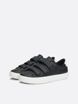 black leather hook and loop strap trainers for women tommy jeans