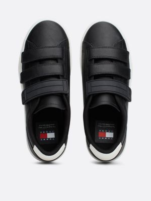 black leather hook and loop strap trainers for women tommy jeans