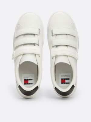 white leather hook and loop strap trainers for women tommy jeans