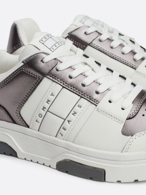 grey the brooklyn metallic leather trainers for women tommy jeans