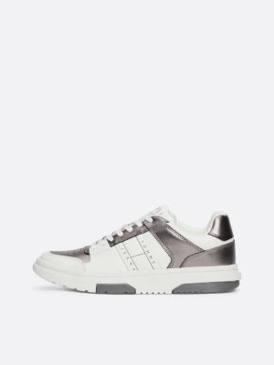 grey the brooklyn metallic leather trainers for women tommy jeans