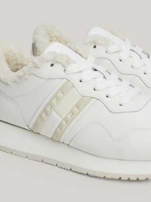 weiß warm gefütterter runner-sneaker aus leder für damen - tommy jeans