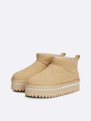 beige warm lining suede cleat flatform boots for women tommy jeans