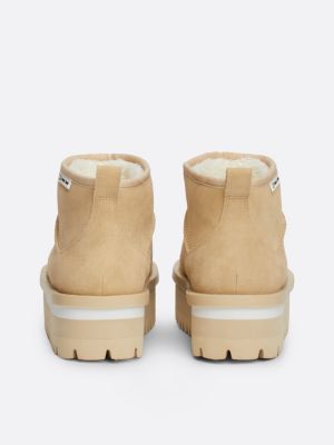 beige warm lining suede cleat flatform boots for women tommy jeans