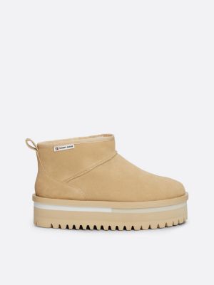 beige warm lining suede cleat flatform boots for women tommy jeans