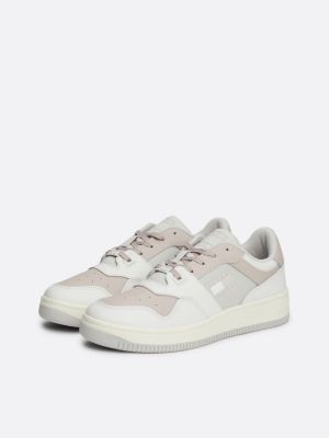 sneakers stile basket in pelle tono su tono grigio da donne tommy jeans