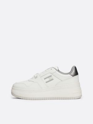 weiß flatform-ledersneaker mit metallic-besatz für damen - tommy jeans