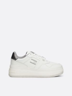 weiß flatform-ledersneaker mit metallic-besatz für damen - tommy jeans