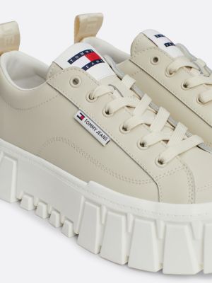 baskets en cuir à semelle compensée beige pour femmes tommy jeans