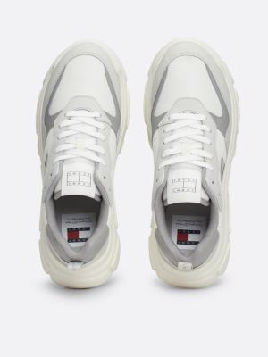 white lightweight leather chunky runner trainers for women tommy jeans