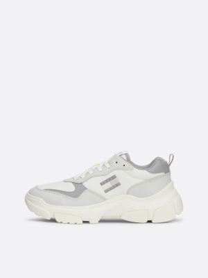 white lightweight leather chunky runner trainers for women tommy jeans