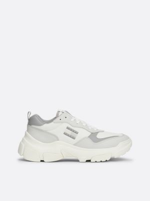 white lightweight leather chunky runner trainers for women tommy jeans