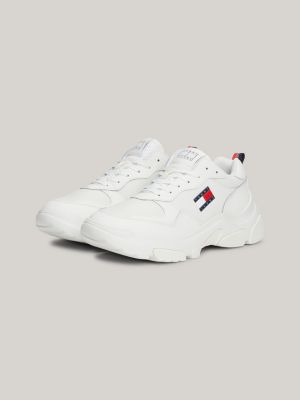 white lightweight leather chunky runner trainers for women tommy jeans