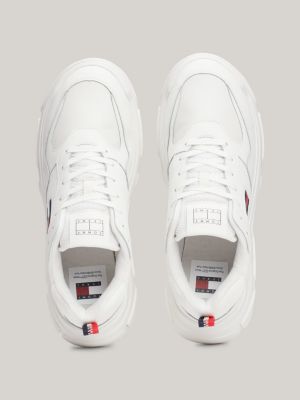 white lightweight leather chunky runner trainers for women tommy jeans