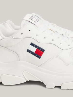 white lightweight leather chunky runner trainers for women tommy jeans