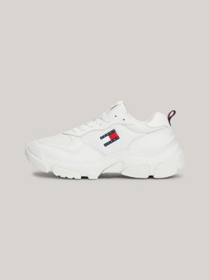 white lightweight leather chunky runner trainers for women tommy jeans