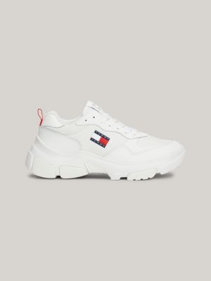 white lightweight leather chunky runner trainers for women tommy jeans