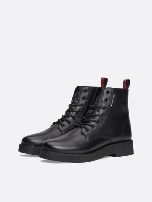 black leather lace-up mid boots for women tommy jeans