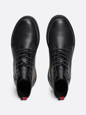 black leather lace-up mid boots for women tommy jeans