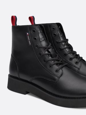 black leather lace-up mid boots for women tommy jeans