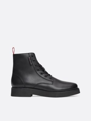 black leather lace-up mid boots for women tommy jeans