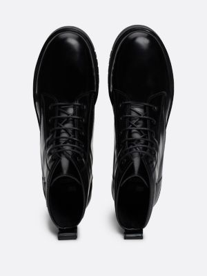 black patent leather cleat mid boots for women tommy jeans