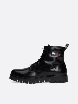 black patent leather cleat mid boots for women tommy jeans