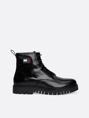 black patent leather cleat mid boots for women tommy jeans