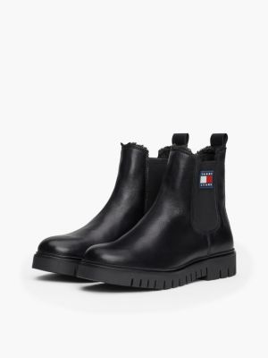 black warm lined leather cleat chelsea boots for women tommy jeans