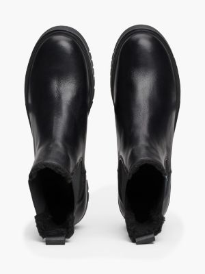 black warm lined leather cleat chelsea boots for women tommy jeans