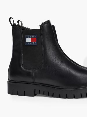 black warm lined leather cleat chelsea boots for women tommy jeans