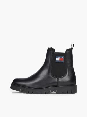 black warm lined leather cleat chelsea boots for women tommy jeans