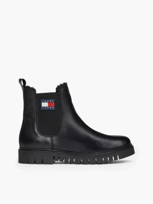 black warm lined leather cleat chelsea boots for women tommy jeans