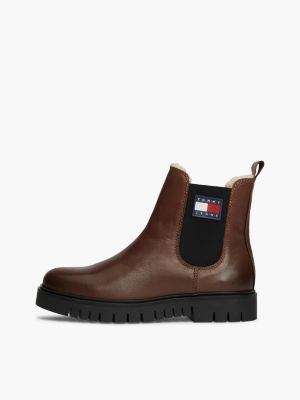 black warm lined leather cleat chelsea boots for women tommy jeans