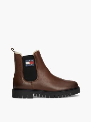 black warm lined leather cleat chelsea boots for women tommy jeans