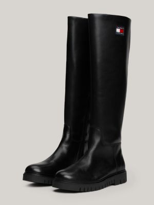 black leather cleat knee-high boots for women tommy jeans